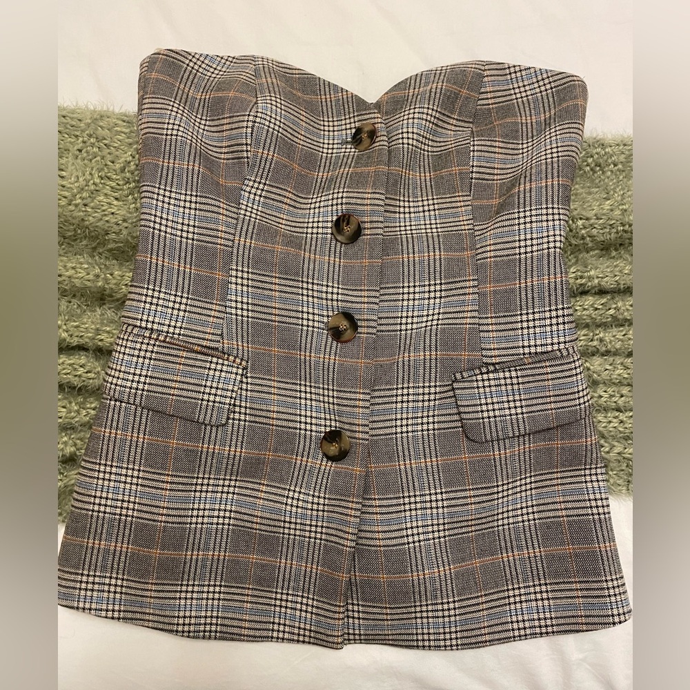 Zara Multicolor Plaid Button Down Strapless Bustier Sweetheart Top